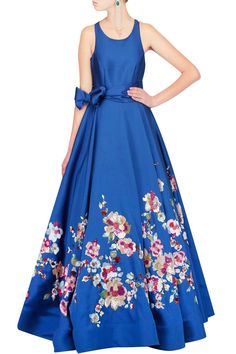 Blue floral embroidered gown Floral Applique Ball Gown For Gala, Blue Floral Embellished Gown For Gala, Silk Maxi Dress With Floral Embroidery, Silk Dress For Spring Reception, Formal Floor-length Gown With Floral Applique, Floral Embellished Floor-length Evening Dress For Reception, Floor-length Floral Embellished Evening Dress For Reception, Blue Floral Applique Gown For Party, Blue Floral Embellished Evening Dress For Gala