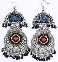 Intricately handmade by talented artisans in India, these tribal earrings are hand engraved and then set with beads and crystals and also lacquered in teal and black. Small black beads enhance the overall look. Since they have a long dangle they will enhance your neck. Traditional Beaded Chandbali Danglers, Traditional Chandelier Earrings With Dangling Beads, Traditional Multicolor Beaded Earrings Nickel Free, Bohemian Turquoise Chandbali Jewelry, Bohemian Chandbali Turquoise Jewelry, Traditional Turquoise Beaded Earrings For Festivals, Traditional Turquoise Beaded Earrings, Traditional Beaded Chandelier Earrings For Festive Occasions, Traditional Beaded Danglers For Festivals