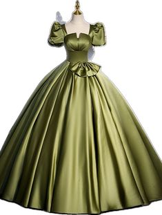 Satin Dress For Quinceanera, Elegant Quinceanera Gown With Sweetheart Neckline, Elegant Voluminous Ball Gown Dresses, Elegant Satin Gown For Quinceanera, Elegant Green Ball Gown, Satin Dresses With Fitted Bodice And Puff Sleeves, Formal Puff Sleeve Dress With Ruffled Fitted Bodice, Fitted Puff Sleeve Dress For Debutante Ball, Elegant Ball Gown With Sweetheart Neckline And Ruffles