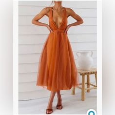 Never Worn Deep V-Neck Dress With Sexy Lace Up Back, And Flowing Mesh Layering. Calf Length Skirt, And A Beautiful Orange Color, And The Spaghetti Straps Wrap Nice Around The Waist. Great Summer Or Wedding Guest Dress. Orange V-neck Midi Dress For Party, Fitted Summer V-neck Party Dress, Summer Evening Backless Mesh Dress, Summer V-neck Dress With Spaghetti Straps For Night Out, Spring V-neck Mesh Dress For Night Out, Knee-length Backless Summer Cocktail Dress, Summer V-neck Backless Dress For Night Out, Summer V-neck Mesh Dress For Night Out, Elegant V-neck Mesh Dress For Summer