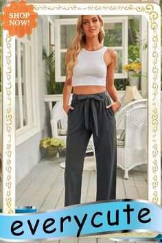 Black Elastic Waist Drawstring Wide Leg Pants Casual Ankle-length Wide Leg Pants With Tie Waist, Casual Tie Waist Pants For Fall, Casual Fall Pants With Tie Waist, Casual High Waist Wide Leg Pants With Tie Waist, Black Drawstring Wide Leg Pants For Summer, Casual Wide Leg Trousers With Tie Waist, Casual Solid Bottoms With Tie Waist, Casual Gray Wide Leg Pants For Summer, Casual Tie Waist Pants