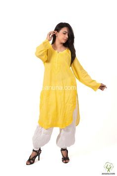 Highlights 100% Handcrafted Product Color: Yellow Kurti Fabric: cotton Neck: Round Neck Sleeve Length: Full Sleeves Package Contains: 1 Chikan Embroidered Kurta with Afghani Salwar Care Instructions: Regular Machine Wash, Do not bleach, Gentle Machine Wash Description The Chikankari Kurta Set, a beautiful trendy Kurta Afghani Salwar set, is The perfect Ethnic wear for your near dear one's wedding function or maybe on any ethnic day. You will get the full set, Kurta Afghani Salwar set. beautifully Handcrafted Lucknowi Chikankari embellishment. Traditional Chanderi Kaftan With Cutdana, Traditional Kaftan With Zari Work Straight Kurta, Traditional Kaftan With Zari Work, Bohemian Chanderi Kurta With Cutdana, Traditional Mulmul Churidar With Floral Embroidery, Traditional Semi-stitched Chanderi Kaftan, Traditional Resham Embroidered Kurta For Navratri, Traditional Resham Embroidery Kurta For Navratri, Traditional Cutdana Kurta For Navratri