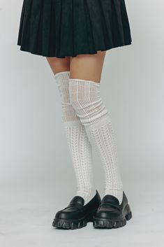 You'll love the amazing crochet pattern and the adorable scrunched look in these unique stockings. Pair this with boots for an outfit that's feminine, soft, and irresistible. Soft Knee-high Stockings, Fitted Cable Knit Socks, Fitted Thigh High Knitted Legwear, Fitted Thigh-high Knitted Legwear, Soft Knee-high Socks For Stocking Stuffers, Cozy Knit Knee-high Socks, Cute Fitted Knee-high Socks For Fall, One Size Knit Knee-high Socks, Cute Fitted Winter Socks