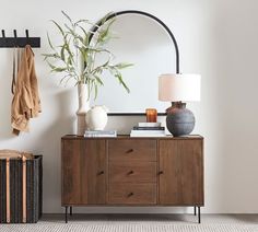 a living room with a large mirror and wooden dresser next to a plant on the wall