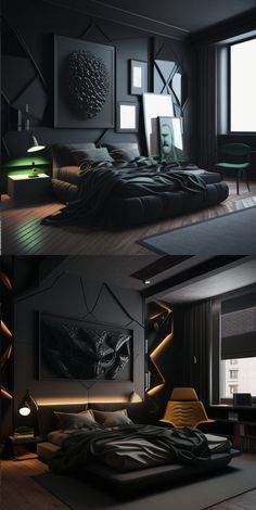 three different views of a bedroom with black walls and furniture, including a large bed