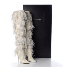 Questions? Leave A Comment Below! Yeti Boots, Old Money Office, Rich Old Money, White Heel Boots, Shoes Ysl, Singer Fashion, Hat Jewelry, Fur Heels, Ysl Saint Laurent