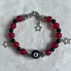 Lianfudai Billiard 8ball charm Bracelet Grunge jewelry Style Punk, Grunge, SkaterColour Red, Black⭑ 8ball bracelet ♡ made with metal, glass, ceramic and acrylic beads Inexpensive Jewelry, Grunge Jewelry, Kandi Bracelets, Diy Bracelet Designs, Beads Bracelet Design, Handmade Jewelry Tutorials, Jewelry Accessories Ideas, Funky Jewelry, Beaded Bracelets Diy