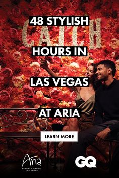 a man and woman sitting on a bench in front of a red wall with the words, 48 stylish cath hours in las vegas at aria learn more