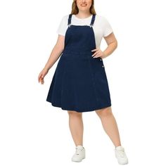 The classic and versatile blue denim gives it a casual yet fashionable look that can be dressed up or down for any occasion. This dress features adjustable straps, allowing you to find the perfect fit for ythis body. The ruffle hem adds a touch of femininity, while the side button and patch pocket details give it a trendy overall look. The Plus Size Denim Overall Dress is suitable for both formal and informal occasions. Wear it to the office paired with a blouse and heels for a professional yet Strap Jeans, Denim Suspenders, Overall Skirt, Jeans Overall, Plus Size Denim, Denim Overall Dress, Plus Size Brands, Dress Denim, Suspender Skirt