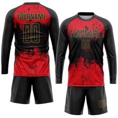 a red and black soccer uniform with the name teamname 00 printed in gold on it