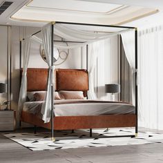 a four poster bed with white drapes and brown leather headboard in a bedroom