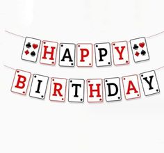 a happy birthday banner with playing cards on it