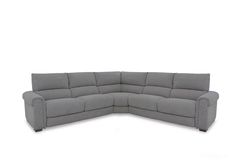 a gray sectional couch with two reclinings on the back and one arm extended