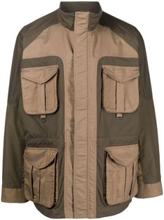 panelled cargo-pocket jacket from WHITE MOUNTAINEERING featuring khaki, colour-block design, high neck, concealed front fastening, long sleeves, buttoned cuffs, multiple cargo pockets and D-ring findings. Khaki Colour, Cargo Jacket, Floral Shoes, Pocket Jacket, Cargo Pocket, Mens Scarves, Suit Accessories, Block Design, Rugby Shirt