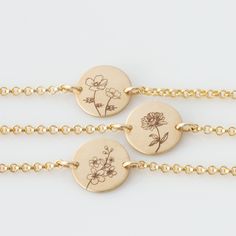 "This birth flower bracelet makes a beautiful gift! Engraved and hand assembled with care and love, it comes in 14k gold fill, rose gold fill, or sterling silver. HOW - TO - ORDER - & - PERSONALIZE 1. Select your options from the drop down menu see photo for font styles and symbol options 2. Add to cart (repeat for multiple items) 3. Go to checkout and leave personalization details in note section what birth flower you would like engraved on disc any other notes or requests *For any question Birth Flower Bracelet, Poppy Necklace, Rose Bracelet, Birth Month Flower, Month Flowers, Birth Month Flowers, Mom Necklace, Shopping Day, Birth Flower