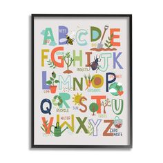 a poster with the letters and numbers for children's nursery room decor, including an insect