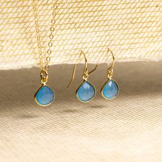 "Blue Chalcedony Necklace and Drop Earrings Matching Set - Delicate, Dainty, minimalist, simple gold jewelry gift for mom, wife, girlfriend This listing is for a SET and includes both a pair of earrings and necklace. Gemstones: Genuine Blue Chalcedony Bezel: Vermeil Gold (14k Gold over Sterling Silver) Note that due to the handmade nature of these genuine stones, measurements/color are approximately and might vary slightly for each stone. Necklace: Drop Gemstone: 11mm x 9mm Gold chain: 14k gold Simple Drop Earrings Jewelry As A Gift, Simple Drop Earrings As A Gift, Simple Design Drop Earrings Jewelry For Gifts, Simple Design Drop Earrings As A Gift, Minimalist Necklace With Matching Earrings For Gift, Minimalist Yellow Gold Jewelry For Bridesmaid Gift, Minimalist Teardrop Jewelry For Bridesmaid, Simple Gold Jewelry, Earrings Matching