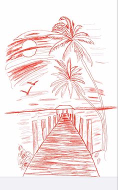 a drawing of a pier with palm trees