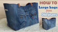 an old jeans bag is sitting on top of a doily with the words how to large bags from old jeans