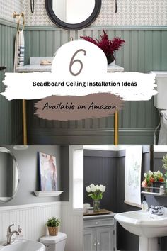 the bathroom is decorated in gray and white with text overlay that reads, 6 bedboard ceiling installation ideas available on amazon