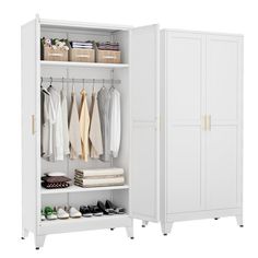 a white closet with clothes and shoes on it