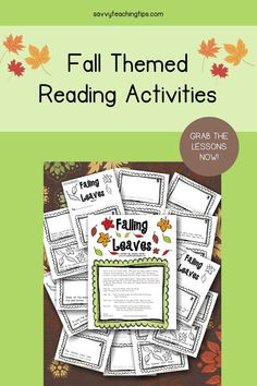 fall themed reading activities with leaves on the background and text that reads, falling leaves