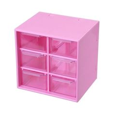 a pink toy storage unit with six drawers