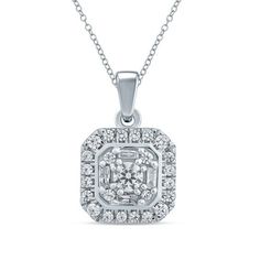 Glimmering with an intriguing array of diamonds, this striking pendant is designed to delight. Crafted in cool 10K white gold, this sparkling octagon-shaped look features round and baguette-cut diamonds in a glittering pattern. Two frames - one polished and one shimmering with round diamonds - border the style. Radiant with 1/4 ct. t.w. of diamonds and a bright polished shine, this charming pendant suspends along an 18.0-inch rope chain that secures with a spring-ring clasp. Luxury Diamond Necklace With Octagon Diamond Accents, Octagon Brilliant Cut Diamond Jewelry, Luxury Octagon Diamond Necklace With Diamond Accents, Luxury Octagon Diamond Necklace With Accents, Octagon Diamond Jewelry In Diamond White, White Diamond Octagon Jewelry, Octagon-shaped Diamond Jewelry In Diamond White, Octagon Brilliant Cut Diamond Necklace Gift, Octagon Brilliant Cut Diamond Necklace For Gift