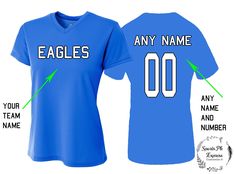 "Womens Jersey Sports-- personalized !! 100 % polyester Personalized Team Name, Text, Name & Number LADIES Jersey Tee (Mens or Youth Styles available- contact us!) All sizes available S - 2XL HOW TO SEND DETAILS: fill out \"personalized box\" at checkout or you can send us the below from in notes to seller at checkout or in a message: Jersey Color: Front Name: Back Name: Back Number: Main Print color for the name and number: Outline Print color: Font Style: Your # in case questions: SAMPLE O Cheap T-shirt With Number Print For Sports Events, Customizable Blue Tops For Sports Events, Sporty Jersey With Name Print For Sports, Moisture-wicking Sportswear T-shirt For Team Events, Team Spirit Tops For Team Events, Team-colored Top With Sublimation Print For Sports Events, Sports Event Team Jersey Tops, Collegiate Sports Top With Custom Logo, School Spirit Tops With Team Name For Events