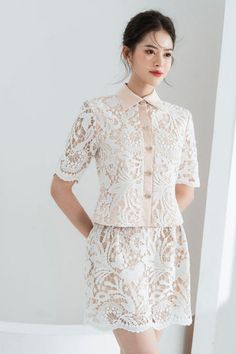 Wendy Straight Pointed Flat Collar Lace Shirt | MEAN BLVD Scalloped Lace Top For Spring Daywear, Spring Scallop Lace Top For Daywear, Spring Scalloped Lace Top For Daywear, Elegant Tops With Scalloped Lace For Summer, Elegant Spring Wedding Shirt, Chic Floral Embroidery Lace Top, Fitted Lace Top With Floral Embroidery, Elegant White Tops With Scalloped Lace, Elegant Spring Lace Top For Daywear