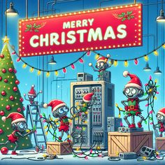 an animated christmas scene with robots and santa hats