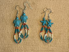 These earrings are perfect for the summer or anytime for beach fans.  One set has turtles and the other set has sea stars.  The colors are "beach themed."  The length measures 2 inches in length. Adjustable Beaded Earrings With Dangling Beads For Beach, Beaded Earrings With Ear Wire For Beach, Adjustable Beaded Earrings With Ear Wire For Beach, Multicolor Starfish Charm Jewelry For Beach, Handmade Casual Beaded Earrings For Beach, Turquoise Nickel-free Beaded Earrings For Beach, Handmade Adjustable Earrings For Beach Season, Handmade Beaded Earrings For Beach, Casual Beaded Beach Earrings