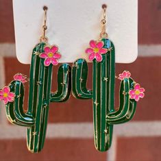 Cactus Earrings Casual Green Flower Shaped Jewelry, Casual Green Flower Jewelry, Pink Fun Spring Jewelry, Fun Pink Spring Jewelry, Spring Pink Fun Jewelry, Pink Flower Casual Jewelry, Casual Pink Flower Jewelry, Casual Pink Earrings, Casual Dangle Jewelry For Spring