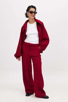 Wool Blend Mid Waist Trousers Red Luxury Red Ankle-length Pants, Luxury Red Ankle Pants, Loft Burgundy Pants, Tops Fall Outfits, Low Waist Jeans, Red Pants, Sleepwear Sets, Fall Jackets, Tops Fall