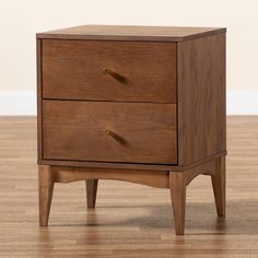 a wooden nightstand with two drawers on one side and an open drawer on the other