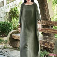 Qteee - Vintage-inspired Cotton and Linen Long-sleeved Robe Dress with Mandarin Collar Mandarin Collar Dress, Women Cotton Dress, Cotton Long Dress, Basic Skirt, Cotton Linen Dresses, Long Sleeve Shift Dress, Long Dress Casual, Cotton Maxi, Maxi Dress Cotton