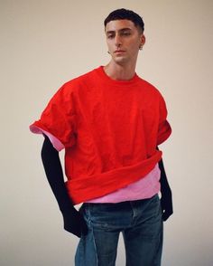 Inspo: We're doing this with our tees! Sporty Crew Neck T-shirt For Layering, Red Cotton Tops For Layering, Red Stretch T-shirt For Streetwear, Short Sleeve T-shirt For Layering In Fall, Unisex Sporty Crew Neck Tops, Red Relaxed Fit Top For Layering, Graphic Tee With Crew Neck For Layering, Graphic Tee T-shirt With Crew Neck For Layering, Red Oversized Sporty T-shirt