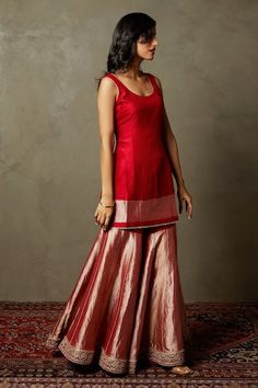 Buy Red Silk Embroidered Scalloped Round Christin Kurta Gharara Set For Women by RI.Ritu Kumar Online at Aza Fashions. Sharara Designs, Trendy Outfits Indian, Diwali Outfits, Indian Outfits Lehenga, Lehenga Designs Simple, Anarkali Dress Pattern, Ritu Kumar, Simple Kurta Designs, Traditional Indian Dress