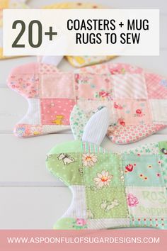 some baby bibs are laying next to each other on the table with text overlay that says 20 + coasters and mug rugs to sew