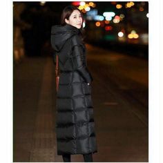 Ladies Long Puffer Coat Jacket Hooded Padded Quilted Outerwear Winter Thermal Quilted Outerwear, Black Puffer Coat, Quilted Parka, Puffer Coats, Long Coat Jacket, Long Puffer Coat, Long Coat Women, Long Puffer, Womens Winter