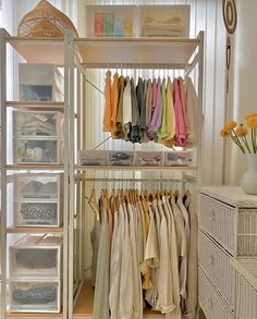 an organized closet with clothes hanging on racks and drawers in front of the closet door