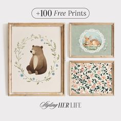 three framed pictures with animals on them and the words, 100 free prints for $ 10