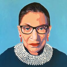 a painting of a woman wearing glasses and a lace collar on her neck, against a blue background