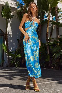 Beach Halter Neck Midi Dress With Cutout, Summer Vacation Midi Dress With Cut-out Waist, Summer Midi Dress With Cut-out Waist For Vacation, Chic Cut-out Waist Midi Dress For Vacation, Chic Midi Dress With Cut-out Waist For Vacation, Halter Neck Cutout Dress For Brunch, Fitted Cutout Midi Dress For Vacation, Blue Maxi Backless Dress With Tie Back, Blue Midi Dress With Tie Back