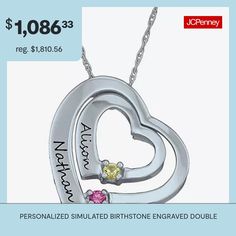 Pendant Size: 16.8x17.2mmPersonalization: Select 2 birthstones, with 2 engravings of up to 8 characters eachChoose two birthstones. Use the letter key below to represent the months. Selection must be made using capitalized letters:A=JanuaryB=FebruaryC=MarchD=AprilE=MayF=JuneG=JulyH=AugustI=SeptemberJ=OctoberK=NovemberL=DecemberGemstones may be treated and may require special care.Jewelry photos are enlarged to show detail.Features: Personalized, Family Jewelry, Quick ShipJewelry Closure: Spring… Silver Customized Birthstone Necklace For Anniversary, Heart Cut Name Jewelry For Anniversary, Heart Cut Birthstone Jewelry For Birthday, Personalized May Birthstone Jewelry For Anniversary, Heart Cut Birthstone Jewelry For Birthdays, Birthday Heart Cut Birthstone Jewelry, Double Heart Birthstone Jewelry For Mother's Day, Customizable Heart Cut Jewelry For Mother's Day, Round Heart Necklace With Birthstone For Anniversary