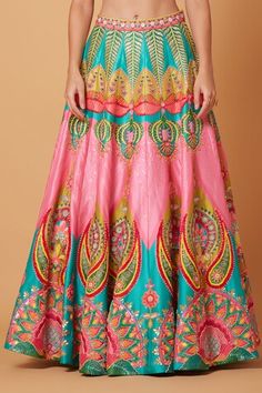 Pink lehenga featuring soul hearts bloom embroidery with tonal sequins, beads and cut dana highlights. Paired with a padded criss-cross sweetheart neck blouse and a canary yellow net dupatta with embroidered scallop border., Fit: Relaxed Green Bohemian Choli For Reception, Bohemian Green Choli For Reception, Bohemian Green Sharara For Reception, Bohemian Green Designer Lehenga, Green Bollywood Dress With Motifs, Bollywood Style Green Dress With Motifs, Green Bohemian Dupatta For Reception, Green Bohemian Designer Lehenga, Green Long Skirt Sets For Wedding