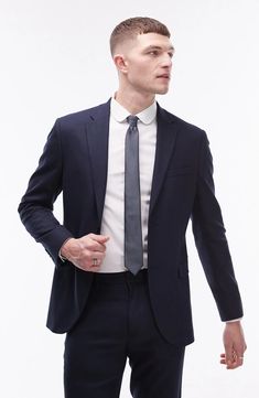 Topman Skinny Fit Textured Suit Jacket | Nordstrom Deep Blue Wedding, Grad Suits, Wedding Guest Suit, Graduation Suit, Attorney Outfit, Professional Wardrobe Essentials, Blue Graduation, Lawyer Outfit, Suit Ideas