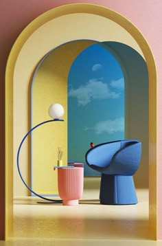 two vases sitting next to each other in front of a window with an arch