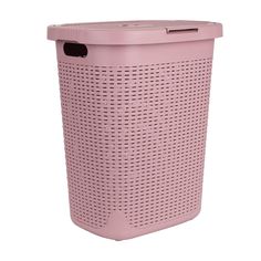 a pink plastic trash can on a white background