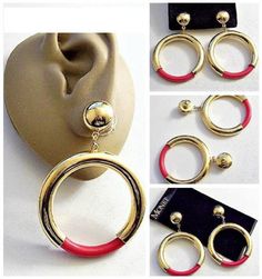 Monet dark fuchsia pink Lucite accent jumbo size hoops pierced post stud earrings vintage gold tone smooth polished reflective metal finish extra large round domed top button open dangle rings. In excellent vintage never worn vintage condition. Measures 2 1/2 inches long 1 5/8 inches wide hoop. Dangle Ring, Monet Earrings, Stud Earrings Gold, Costume Earrings, Round Button, Silver Plated Jewelry, Jewelry Lover, Vintage Jewellery, Gold Earrings Studs